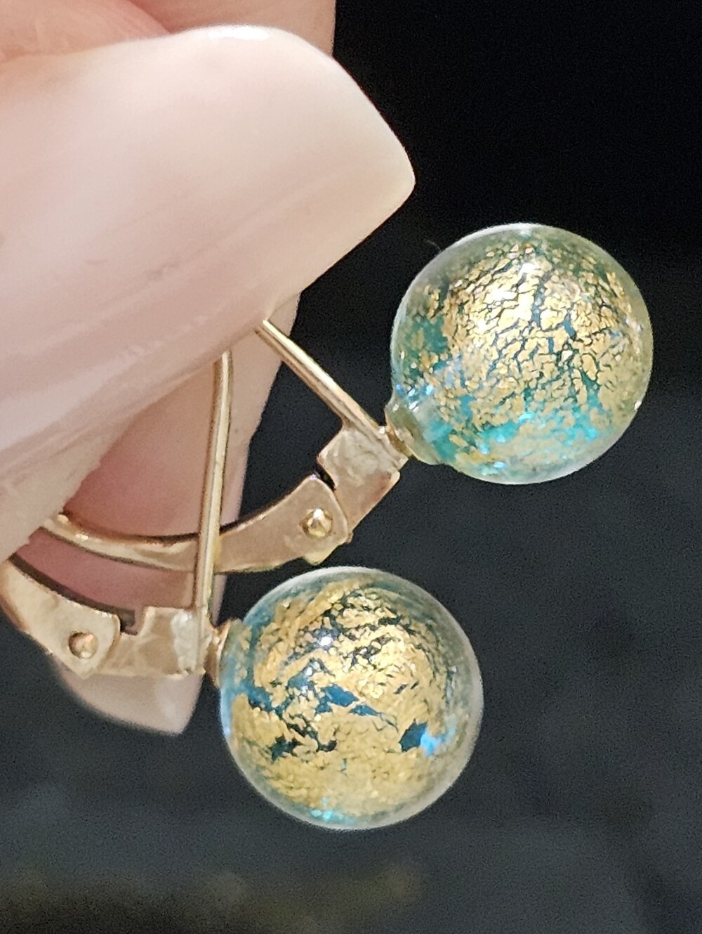 Murano Oro 14KT Gold Green-Blue Venetian Glass Drop Earrings